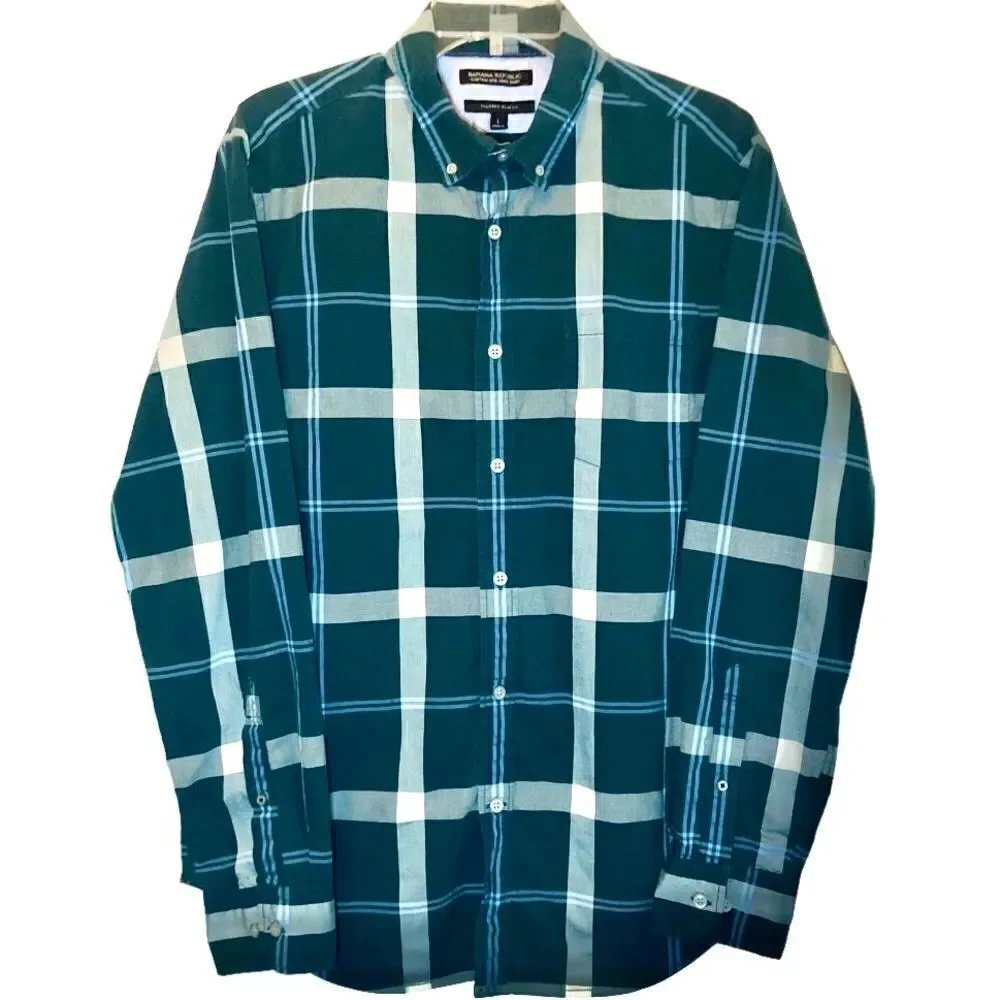 Banana Republic Custom Wash Slim Fit Plaid Shirt in Teal/White Men’s L